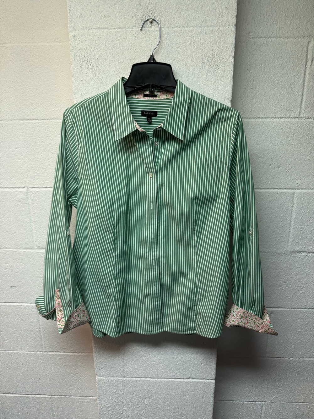 Talbots Green and White Striped Collared Shirt